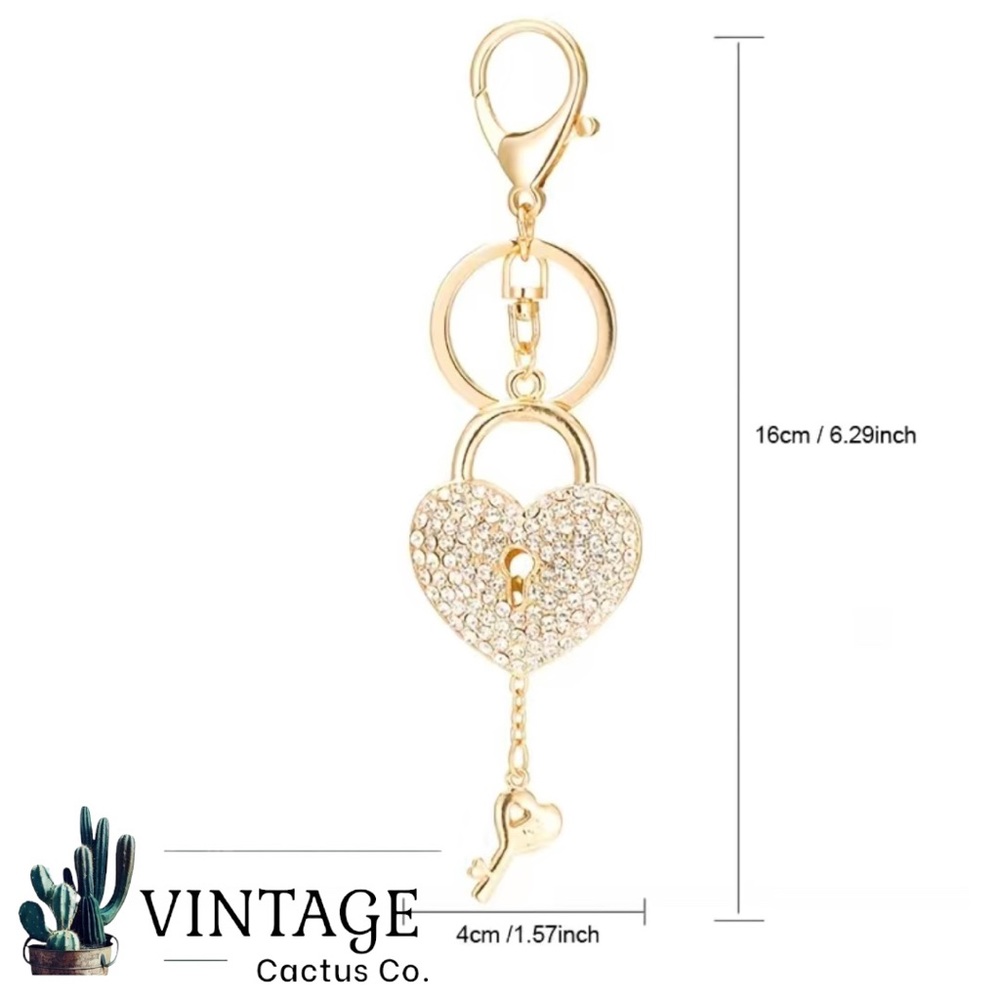 New! Rhinestone Heart Lock & Key Bag Charm/Keychain (Multicolor w/Gold Hardware - Picture 5 of 5